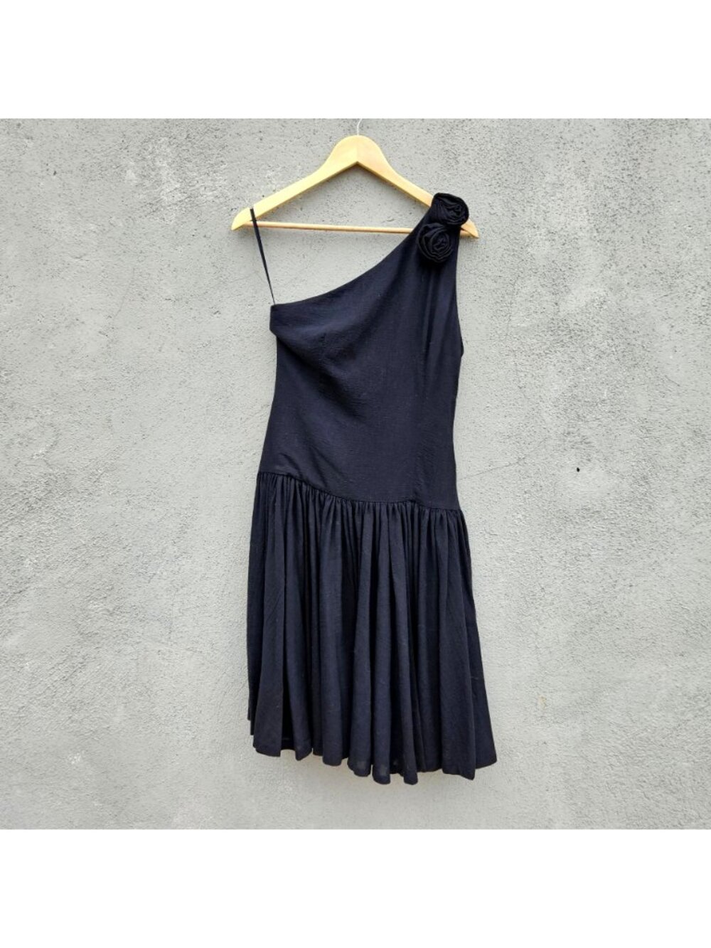 Vintage Georges Rech Paris Black One Shoulder Drop Waist Dress Rosette S - Picture 10 of 15